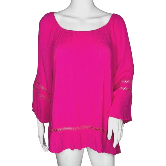 New Directions Shirt Womens XL Pink Crochet Trim Barbiecore Bohemain Peasant - Picture 1 of 8